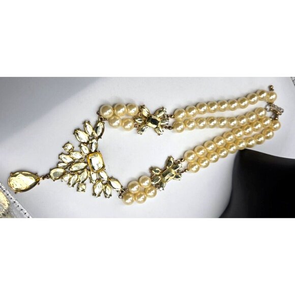 Vintage Large Bohemian Pearl and Citron Glass Teardrop Double Strand Necklace 50 - Picture 3 of 6
